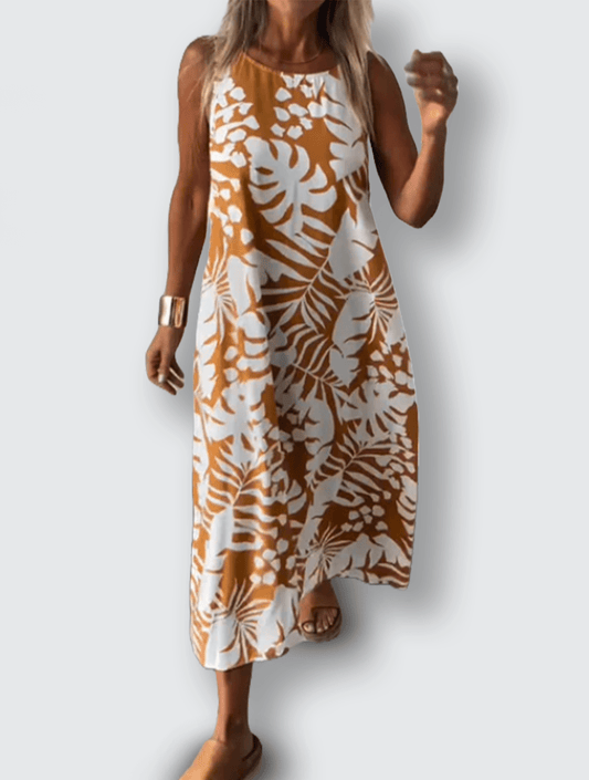 Anita - Ärmlös Sommarklänning med Tropiskt Bladmotiv - Véloria Studios